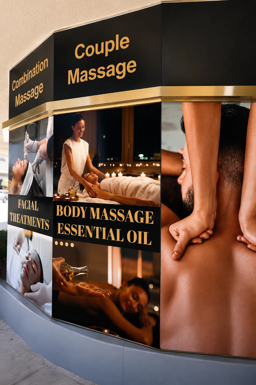 Service menu signage for massage and facial treatments