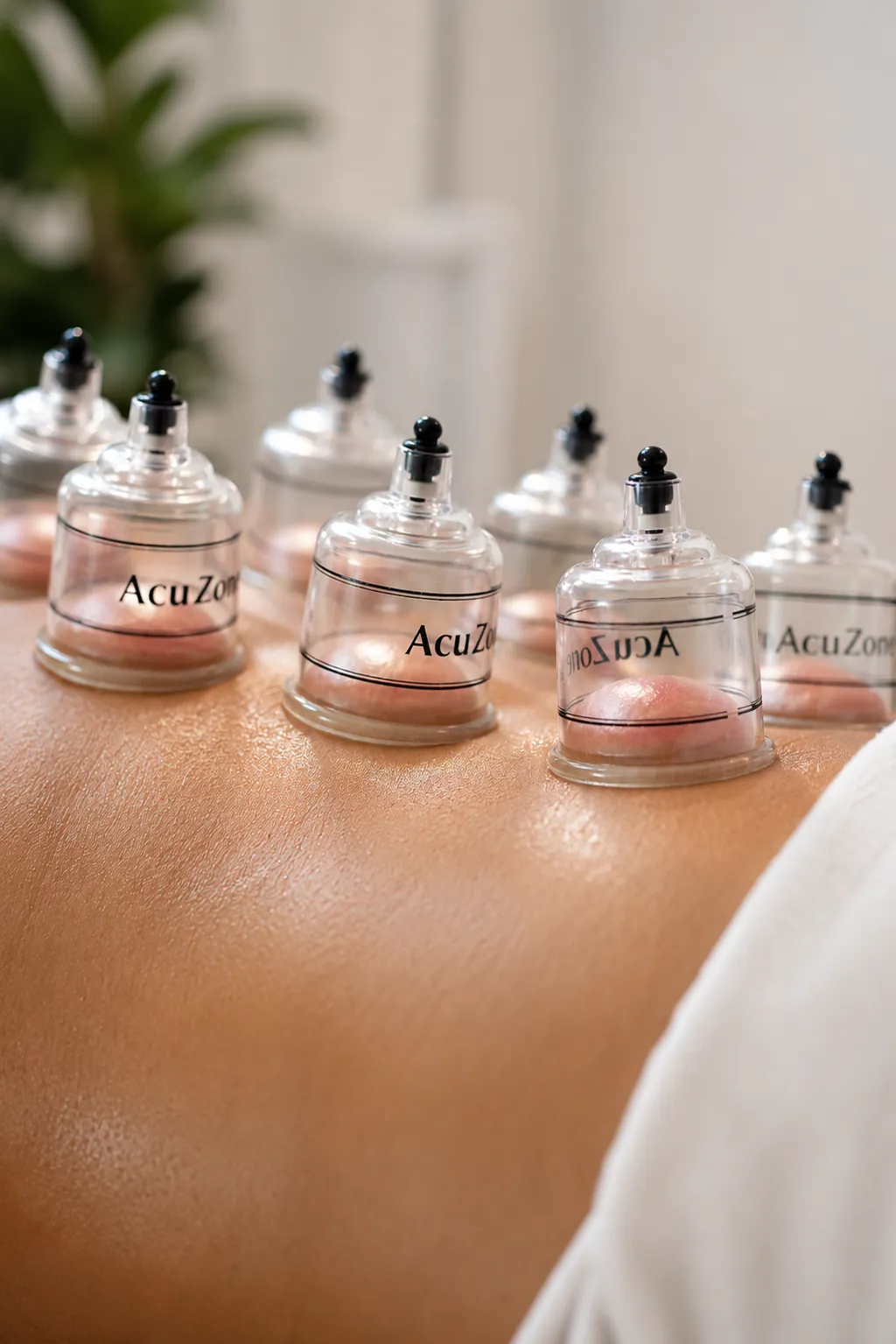 Cupping therapy session with suction cups on a client's back