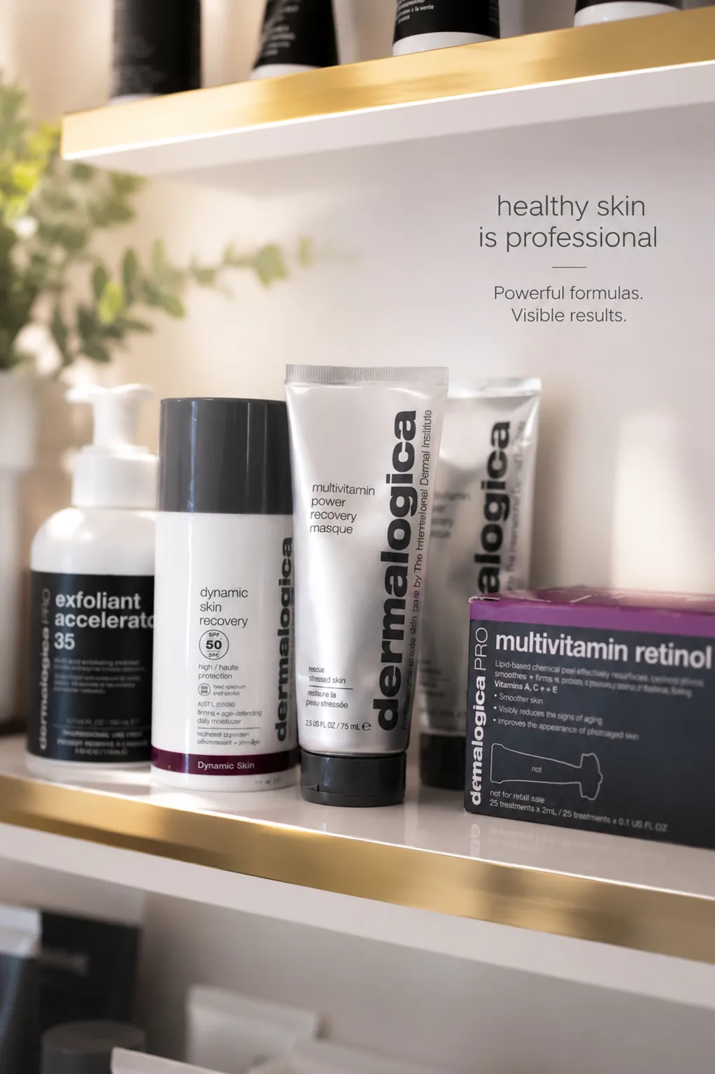 Dermalogica professional skincare products on a treatment room shelf