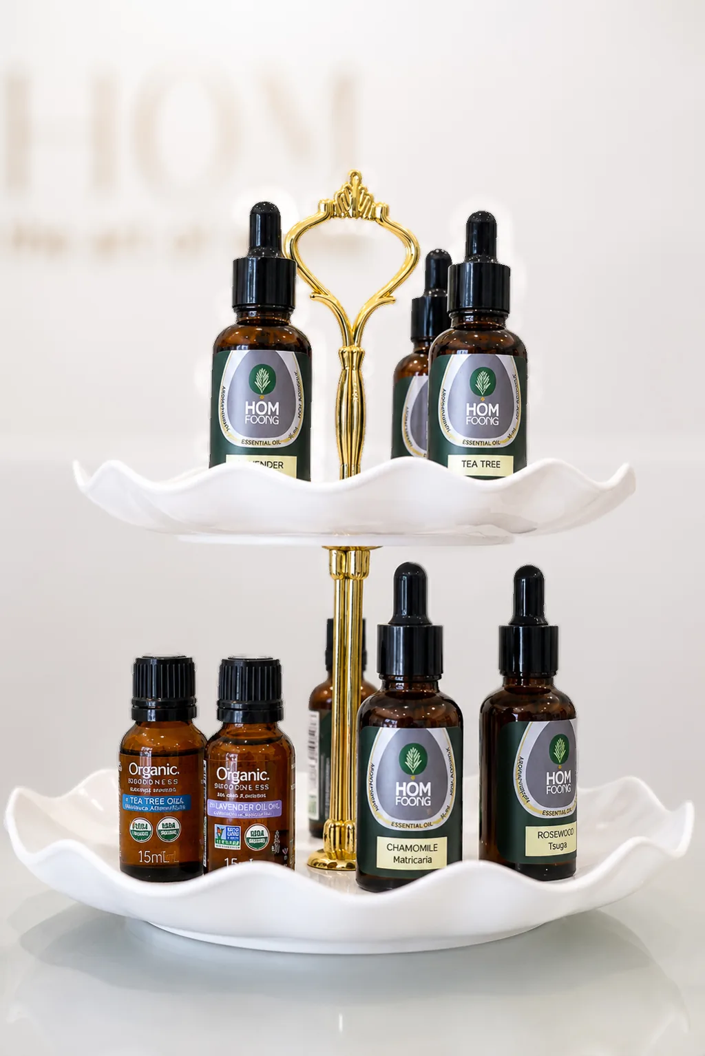 Tiered tray of organic essential oils and massage blends