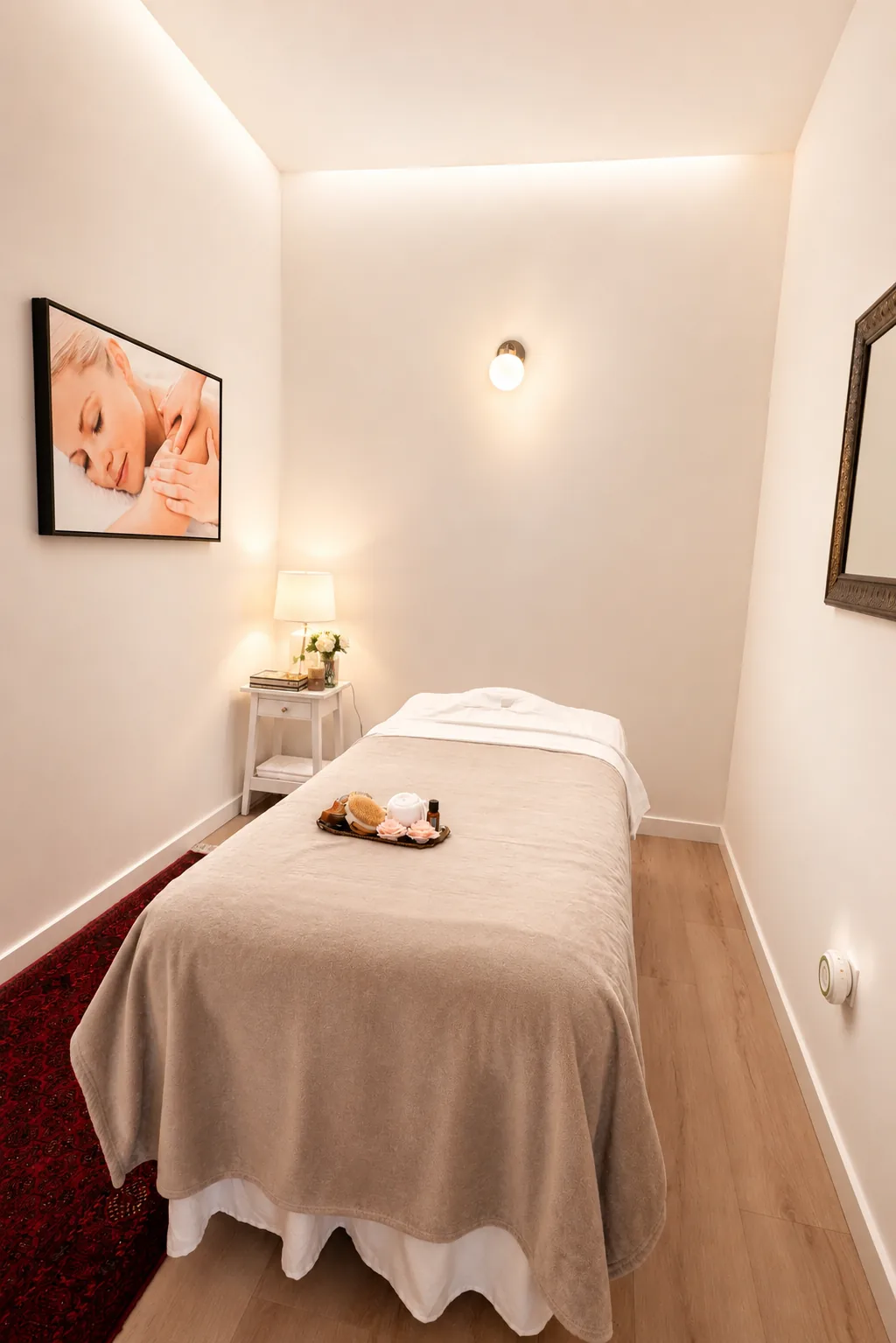 Warmly lit treatment room with a draped massage table